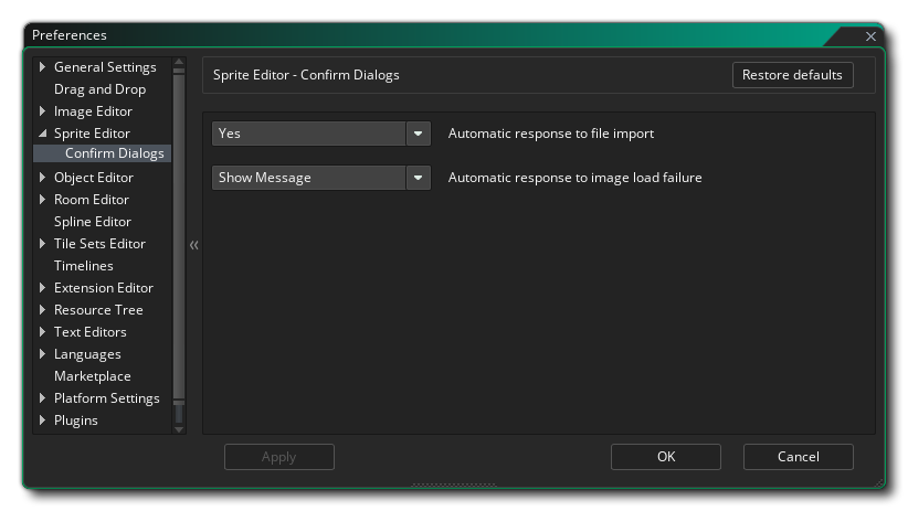 The Sprite Editor Confirm Dialog Preferences