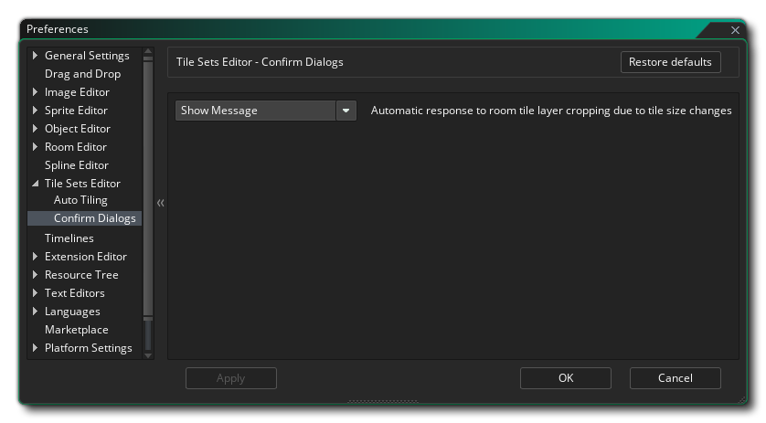 The Tile Set Editor Confirm Dialog Preferences